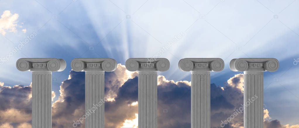 Five marble pillars of islam or justice and steps on blue sky background. 3d illustration