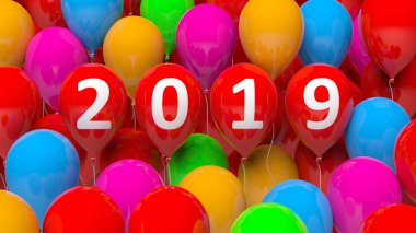 Yeni yıl 2019 renkli balonlar arka plan üzerinde. 3D çizim