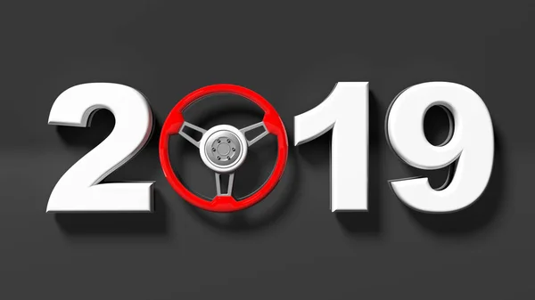 Nuevo año 2019 con volante de coche rojo aislado sobre fondo negro. ilustración 3d — Foto de Stock