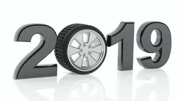 Nuevo año 2019 con rueda de coche aislada sobre fondo blanco. ilustración 3d — Foto de Stock