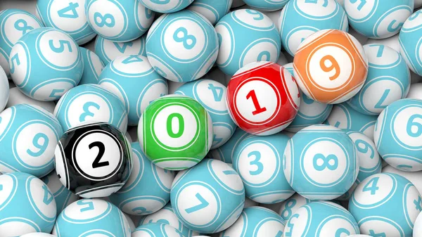 Nytt år 2019 på bollarna. Lotteri bingobollar heap bakgrund. 3D illustration — Stockfoto