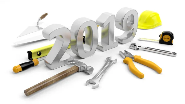 2019新年。手工具和数字2019在白色背景。3d 插图 — 图库照片