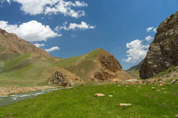 Yeşil çim, dağlar ve nehir — Stok fotoğraf