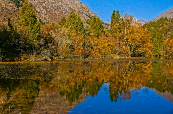 Uma bela vista do lago de outono refletindo os picos brancos das montanhas — Fotografia de Stock