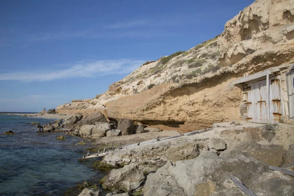 Ψάρεμα Καλύβες, Comte παραλία? Ίμπιζα — Φωτογραφία Αρχείου