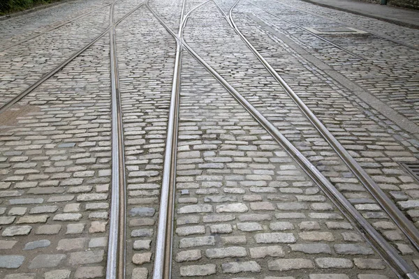 Tram Tracks op de kasseistrook Stone Street — Stockfoto