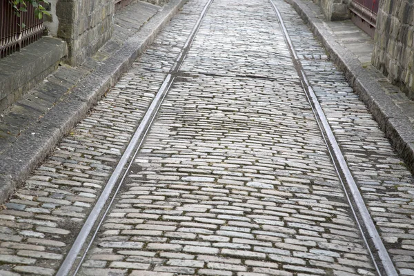 Tram Tracks on Cobble Stone Street — Stock Photo, Image