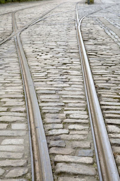 Tram Tracks em Cobble Stone Street — Fotografia de Stock