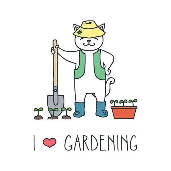 Adoro jardinagem. Doodle vetor ilustração de gato jardineiro engraçado . — Vetor de Stock