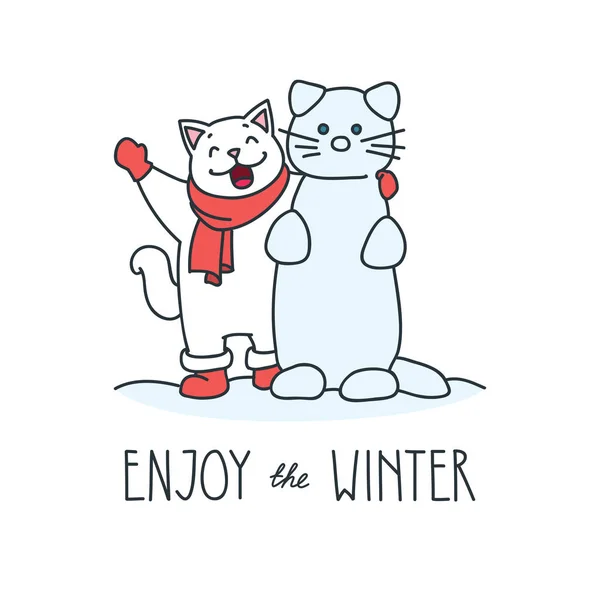 Godetevi Inverno Doodle Vettoriale Illustrazione Divertente Gatto Bianco Fare Pupazzo — Vettoriale Stock