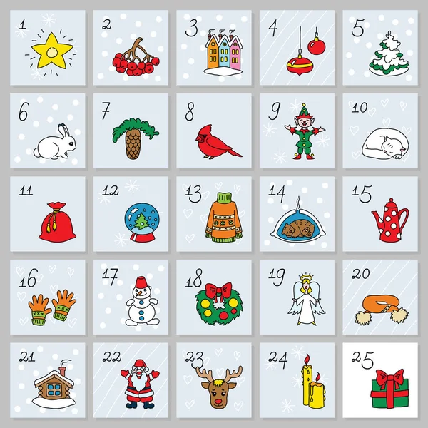 Adventskalender Vektor Set Von Niedlichen Tags Für Weihnachten Kann Als — Stockvektor