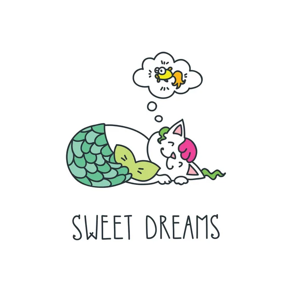 Süße Träume Doodle Vektor Illustration Der Niedlichen Schlafenden Katze Meerjungfrau — Stockvektor