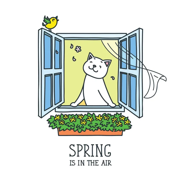 Musim Semi Udara Ilustrasi Vektor Doodle Kucing Putih Mendengarkan Burung - Stok Vektor