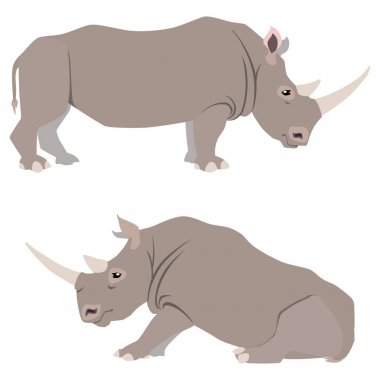 Ayakta ve beyaz arka plan üzerinde izole oturma gergedanlardır vektör çizim