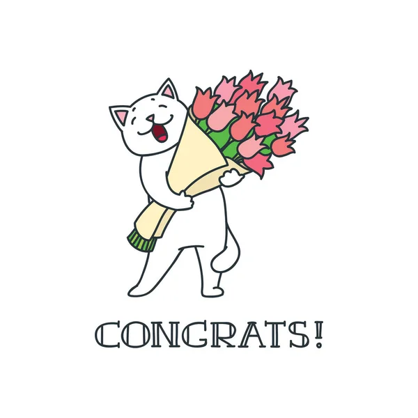 Gratulacje Ilustracja Wektorowa Doodle Ładny Biały Kot Trzyma Bukiet Kwiatów — Wektor stockowy