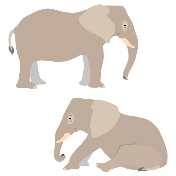 Ilustración Vectorial Elefantes Pie Sentados Aislados Sobre Fondo Blanco — Vector de stock