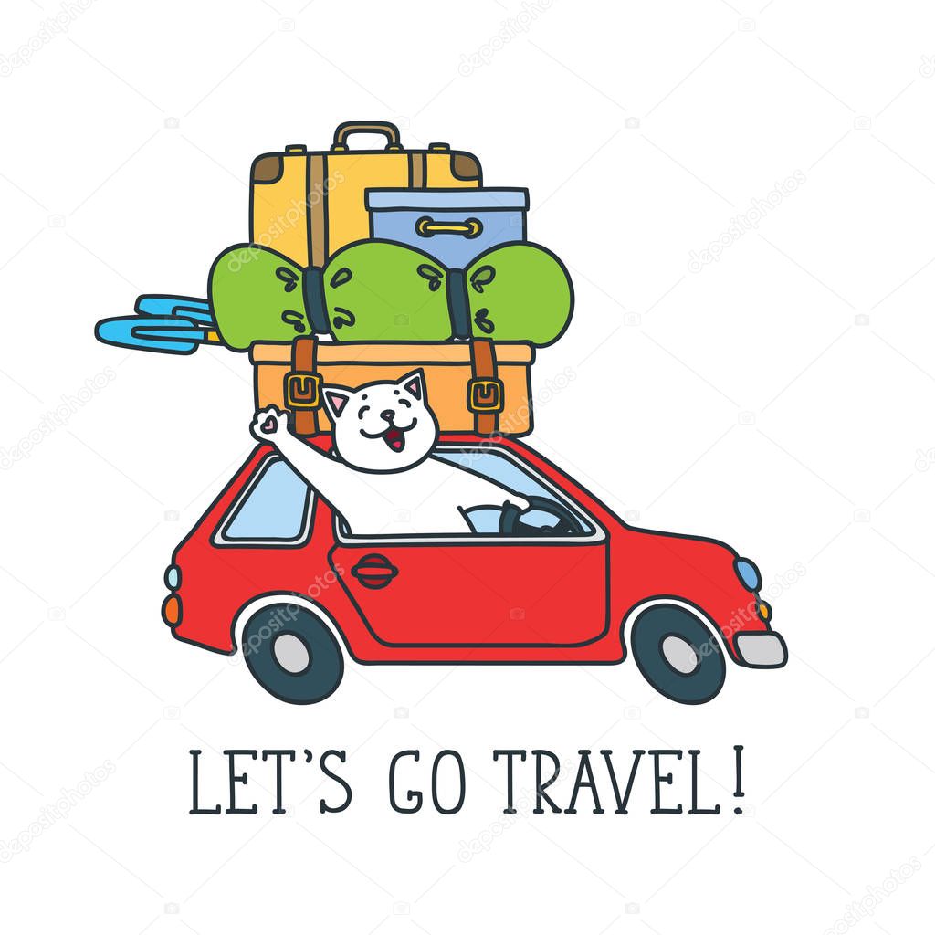 Let's go travel! Doodle vector illustration of funny cat driving a red car