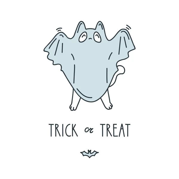 Trick Treat Illustration Funny White Cat Halloween Costume Isolated White — Stock Vector