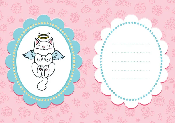 Tarjeta Bebé Rosa Linda Tarjeta Con Gatito Ángel Sobre Fondo — Vector de stock