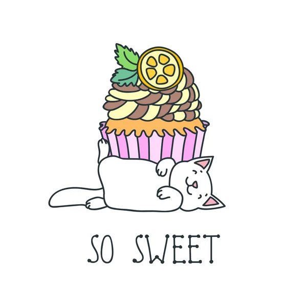 Süß Kawaii Illustration Eines Schlafenden Weißen Kätzchens Mit Einem Cupcake — Stockvektor