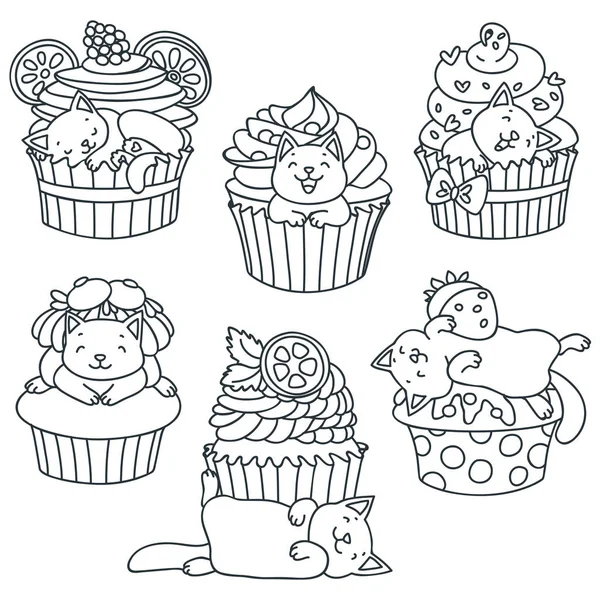 Kätzchen Und Cupcakes Rücken Und Weißen Doodle Illustration Eines Niedlichen — Stockvektor