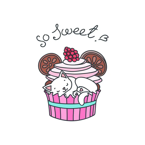 Trop Mignon Jolie Illustration Petit Chaton Blanc Dormant Dans Cupcake — Image vectorielle