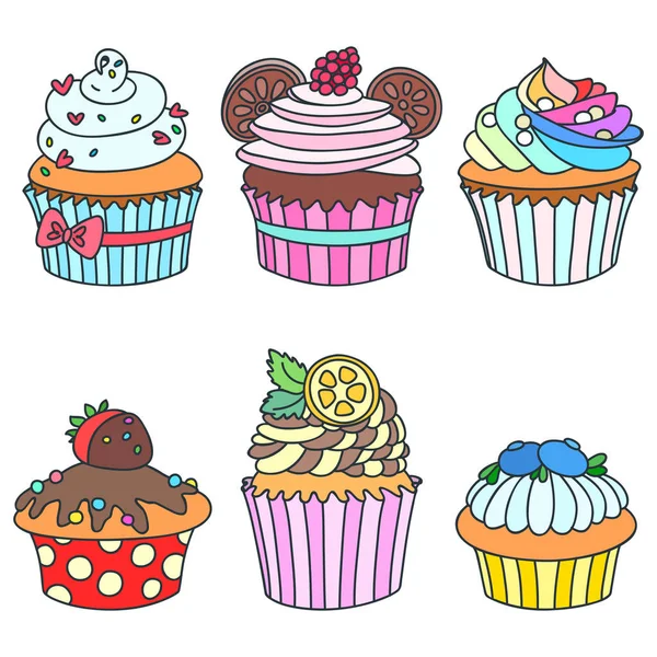 Ensemble Cupcakes Illustration Dessinée Main Cupcakes Décorés Crème Framboise Coeurs — Image vectorielle