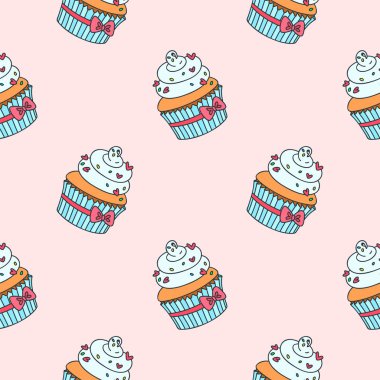 Keklerle desenli. Pembe arka planda kremayla süslenmiş el çizimi kek deseni. Vektör 8 Eps.