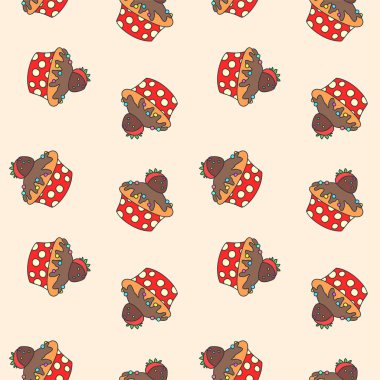 Keklerle desenli. Açık kahverengi arka planda çilekle süslenmiş el çizimi kek deseni. Vektör 8 Eps.