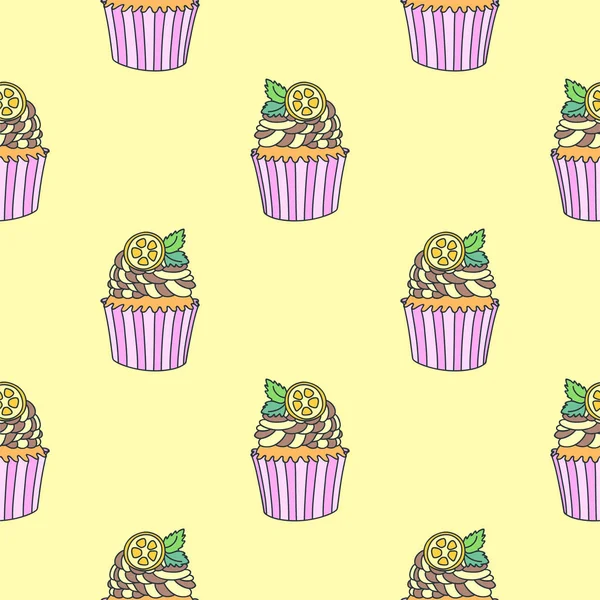 Pattern Cupcakes Hand Drawn Background Citrus Cupcakes Yellow Background Vector — Stock Vector