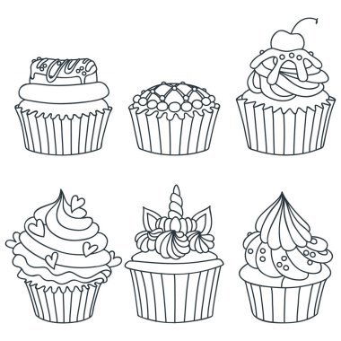 Kek seti. Krema, çörek, kiraz ve kalplerle süslenmiş siyah beyaz el çizimi. Beyaz arka planda izole edilmiş. Vektör 8 Eps.