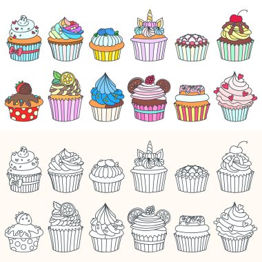 Bir grup kek ikonu. Krema, ahududu, kalp, kiraz, narenciye, yabanmersini ve kurabiyeyle süslenmiş keklerin çizimi. İki renkli ve tek renkli tatlı ikonu koleksiyonu. Vektör 8 Eps.