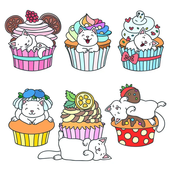 Conjunto Gatinhos Cupcakes Doodle Ilustração Gatinho Bonito Com Cupcakes Isolados — Vetor de Stock