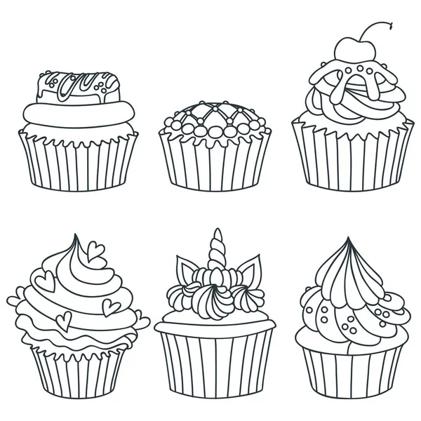 Conjunto Cupcakes Black White Ilustração Desenhada Mão Cupcakes Decorados Com —  Vetores de Stock