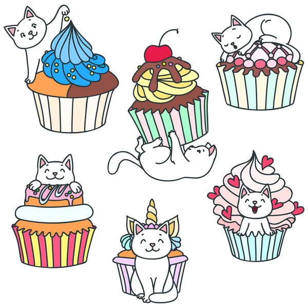 Conjunto Gatinhos Cupcakes Doodle Ilustração Gatinho Bonitinho Brincando Com Cupcakes — Vetor de Stock