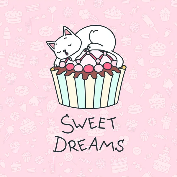 Солодкі Сни Мила Ілюстрація Маленького Білого Кошеня Який Спить Кексі — стоковий вектор