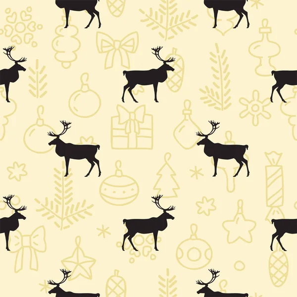 Christmas Background Deer Seamless Pattern Black Silhouettes Deer Gold Background — Stock Vector