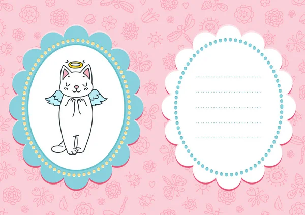 Roze Babykaart Leuke Kaart Met Een Engeltje Kitten Roze Bloemige — Stockvector
