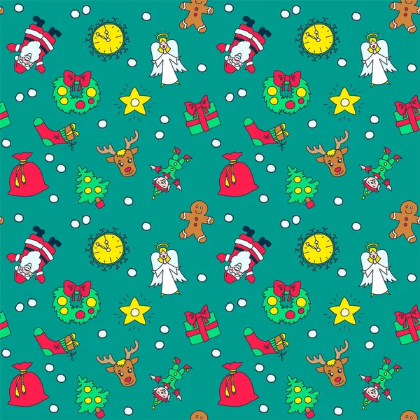 Das Bunte Muster Der Weihnachtssymbole Stern Geschenk Elfe Schneemann Weihnachtsbaum — Stockvektor