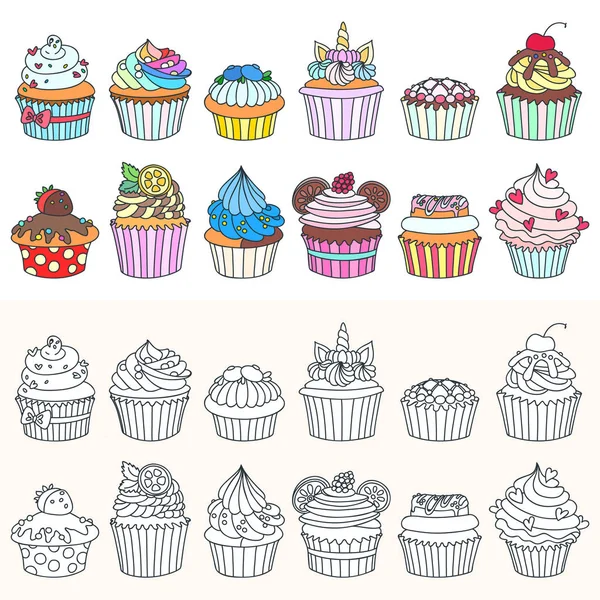 Set Cupcake Icons Doodle Illustration Cupcakes Decorated Cream Raspberry Hearts — ストックベクタ