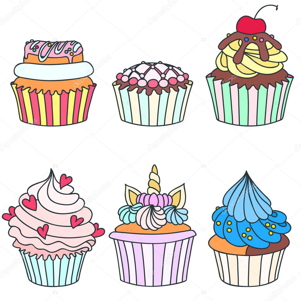 Set of cupcakes. Hand drawn illustration of cupcakes decorated with cream, donut, cherry, hearts and unicorn horn. Isolated on white background. Vector 8 EPS.