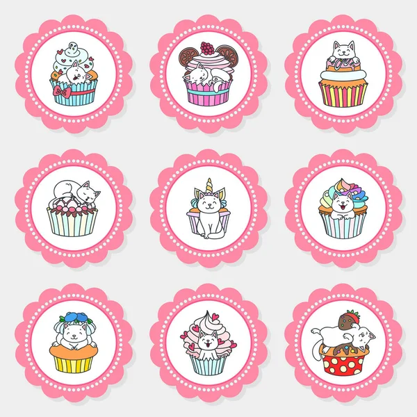 Cupcake Toppers 손으로 귀여운 고양이들 케익을 가지고 파티를 케이크 Eps — 스톡 벡터
