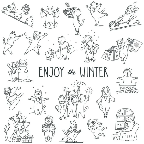 Disfruta Invierno Ilustración Doodle Lindos Gatos Blancos Disfrutando Del Invierno — Vector de stock