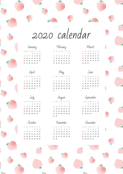 Kalendarz Ścienny 2020 Miesięczny Kalendarz Tle Uroczego Brzoskwiniowego Wzoru Ilustracja — Wektor stockowy