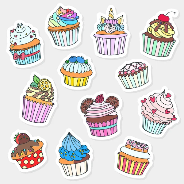 Conjunto Adesivos Cupcake Doodle Ilustração Cupcakes Decorados Com Creme Framboesa —  Vetores de Stock