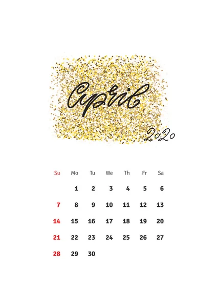 April Wandkalender 2020 Vorlage Mit Handgezeichneten Schriftzug Monatsname Auf Glitzerndem — Stockvektor