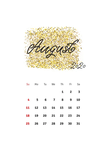 August Wandkalender 2020 Vorlage Mit Handgezeichneten Schriftzug Monatsname Auf Glitzerndem — Stockvektor