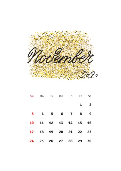 November Wandkalender 2020 Vorlage Mit Handgezeichneten Schriftzug Monatsname Auf Glitzerndem — Stockvektor