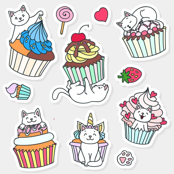Set Niedlicher Aufkleber Illustration Lustiger Weißer Katzen Mit Cupcakes Vektor — Stockvektor