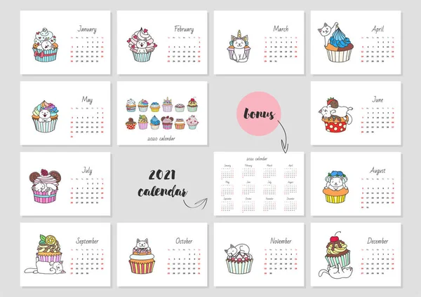 Calendario 2020 Calendario Mensual 2020 Plantilla Con Lindos Gatos Blancos — Archivo Imágenes Vectoriales